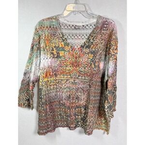 Wrangler Wrancher Womens XXL V-Neck Crochet Knit Top Paisley Floral 3/4 Sleeve